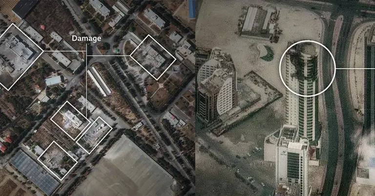 স্যাটেলাইট ইমেজে ইরানি বিমানবাহিনীর সদর দপ্তরে ক্ষয়ক্ষতি ও বাহরাইনের অ্যাপার্টমেন্ট ভবনে পোড়া দাগ দেখা যাচ্ছে